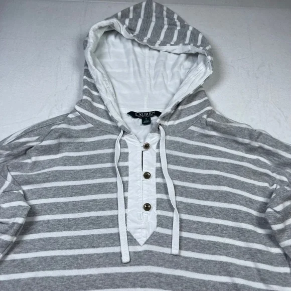 Lauren Ralph Lauren Striped Hoodie Pullover Henley Pocket Gray White Size S - Picture 3 of 11